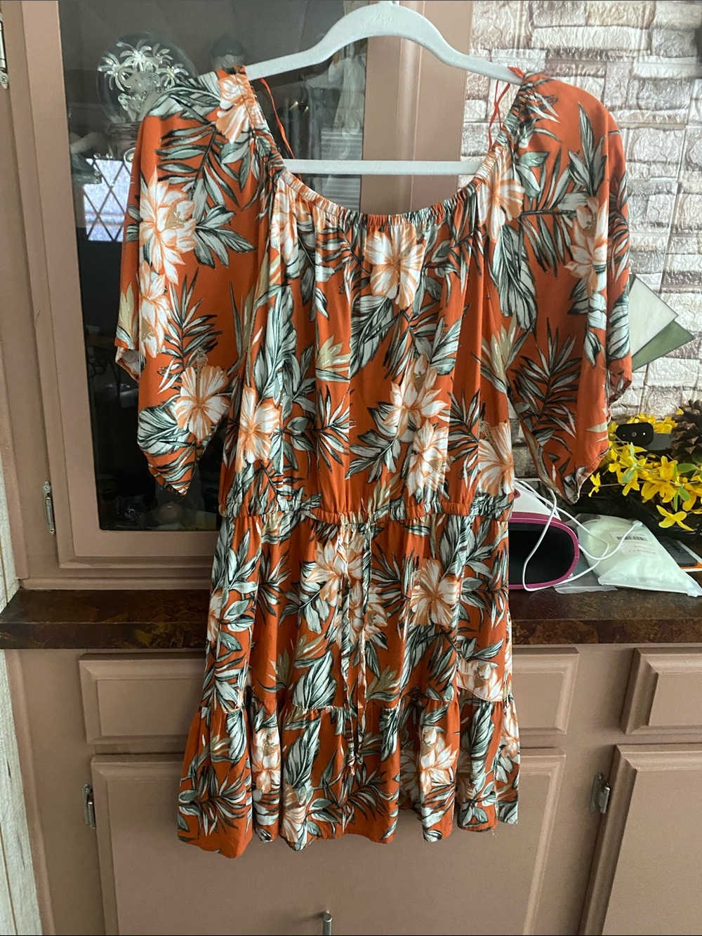 Rust Floral Off-Shoulder Tiered Dress